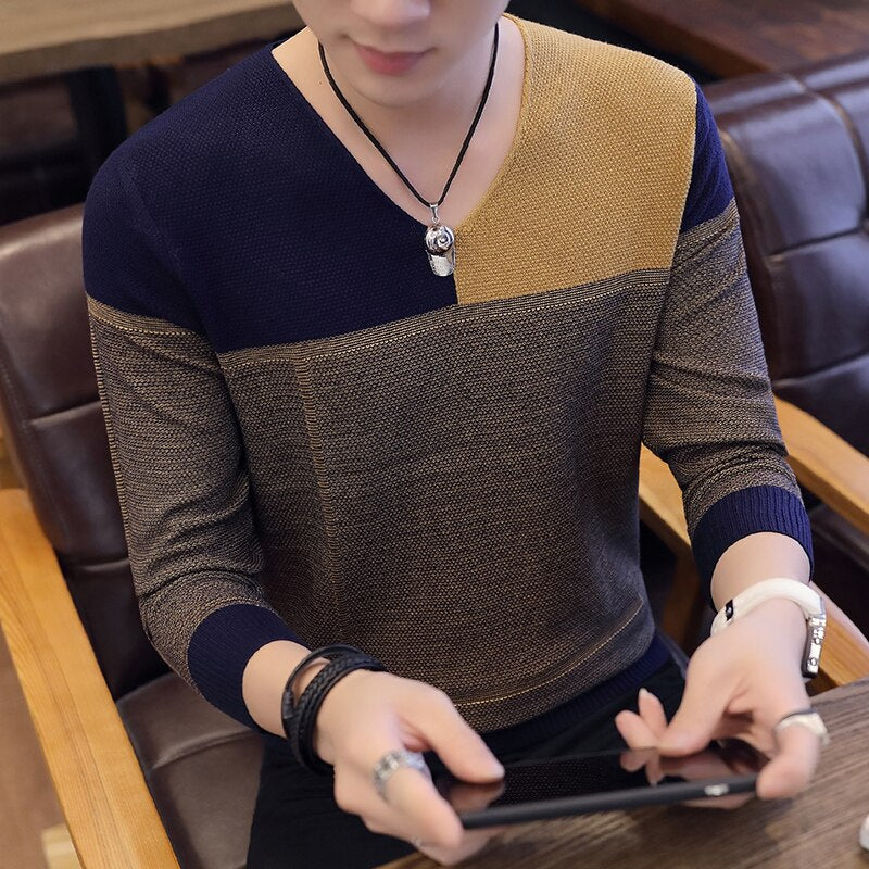 2020 hot-selling new male young student trendy Korean version flower contrast V-neck men's sweater knit sweater