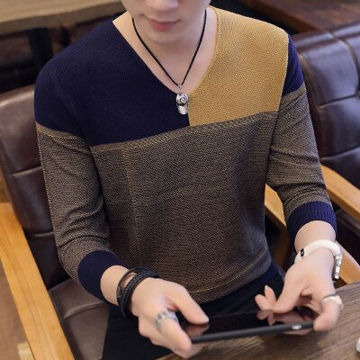 2020 hot-selling new male young student trendy Korean version flower contrast V-neck men's sweater knit sweater