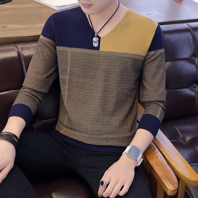 2020 hot-selling new male young student trendy Korean version flower contrast V-neck men's sweater knit sweater