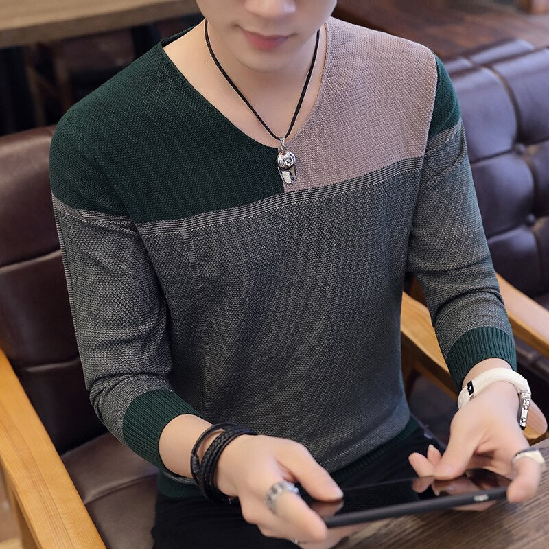 2020 hot-selling new male young student trendy Korean version flower contrast V-neck men's sweater knit sweater