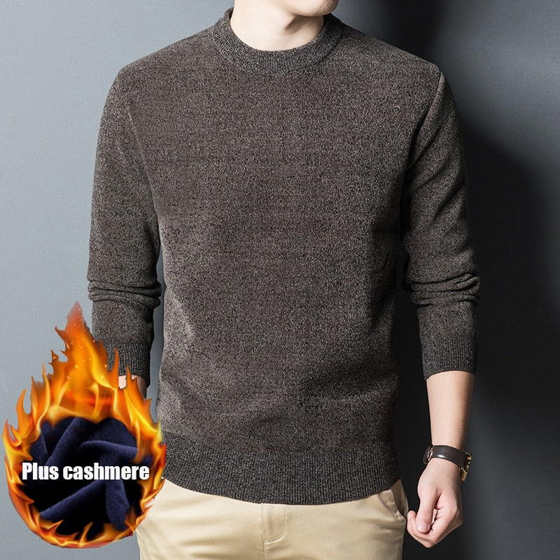2021 Autumn and Winter Boutique Sweater Men's Loose Bottoming Sweater Round neck Plus Velvet Thick Chenille Warm Sweater