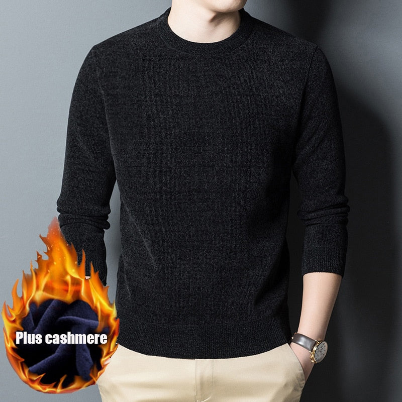 2021 Autumn and Winter Boutique Sweater Men's Loose Bottoming Sweater Round neck Plus Velvet Thick Chenille Warm Sweater