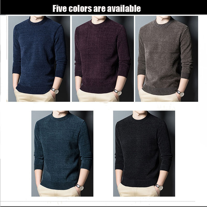 2021 Autumn and Winter Boutique Sweater Men's Loose Bottoming Sweater Round neck Plus Velvet Thick Chenille Warm Sweater