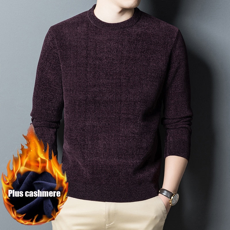 2021 Autumn and Winter Boutique Sweater Men's Loose Bottoming Sweater Round neck Plus Velvet Thick Chenille Warm Sweater