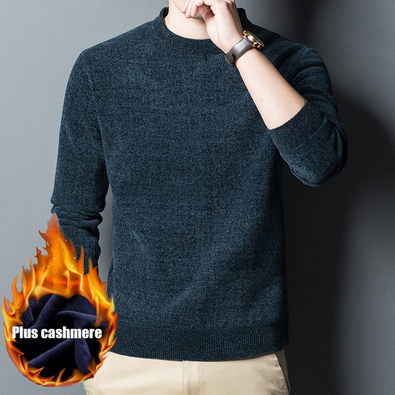 2021 Autumn and Winter Boutique Sweater Men's Loose Bottoming Sweater Round neck Plus Velvet Thick Chenille Warm Sweater