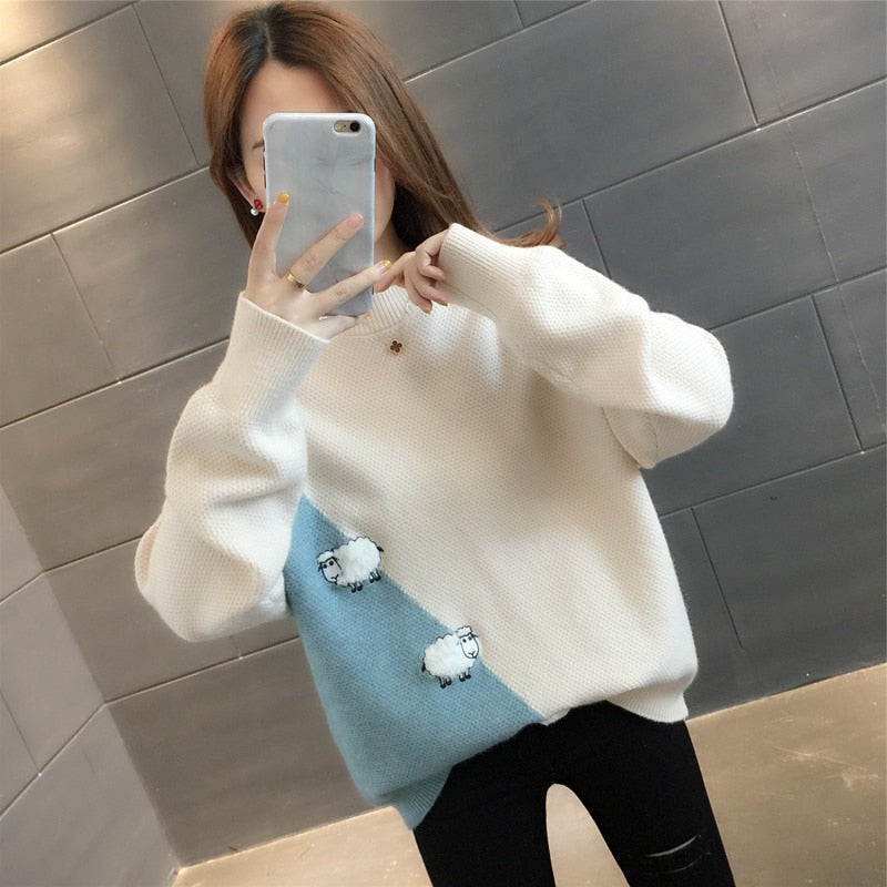 2021 Female Pullover Long Sleeve Autumn Winter Sweater Women's Korean Loose Outerwear Patchwork Cartoons knitted Tops Clothes