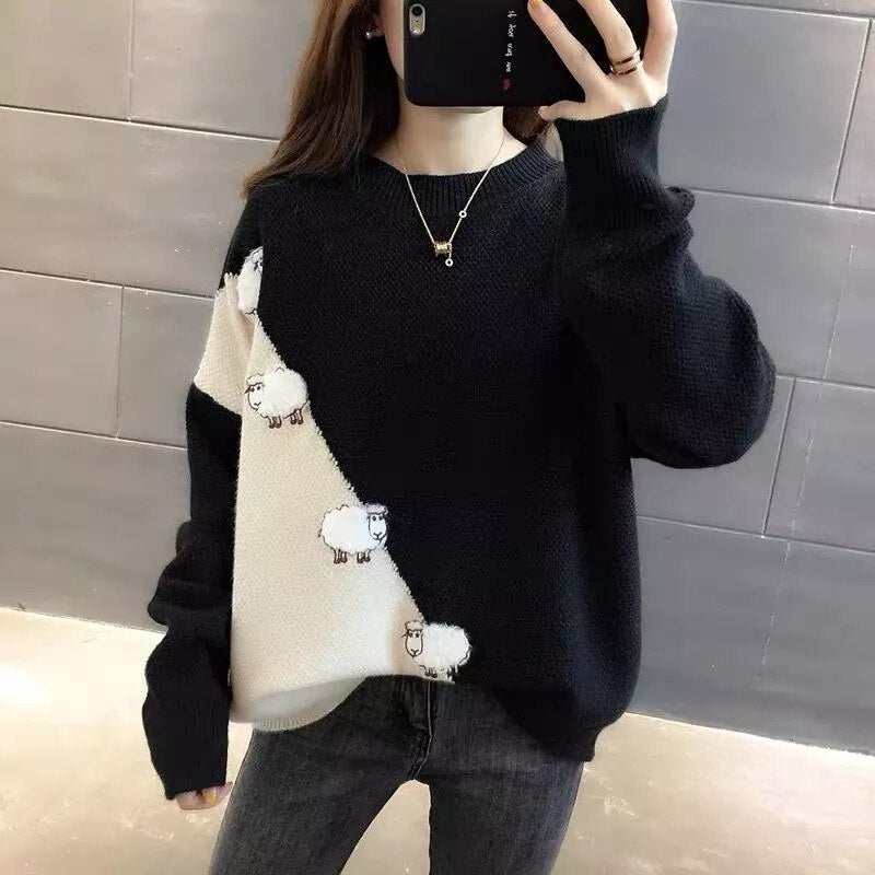 2021 Female Pullover Long Sleeve Autumn Winter Sweater Women's Korean Loose Outerwear Patchwork Cartoons knitted Tops Clothes