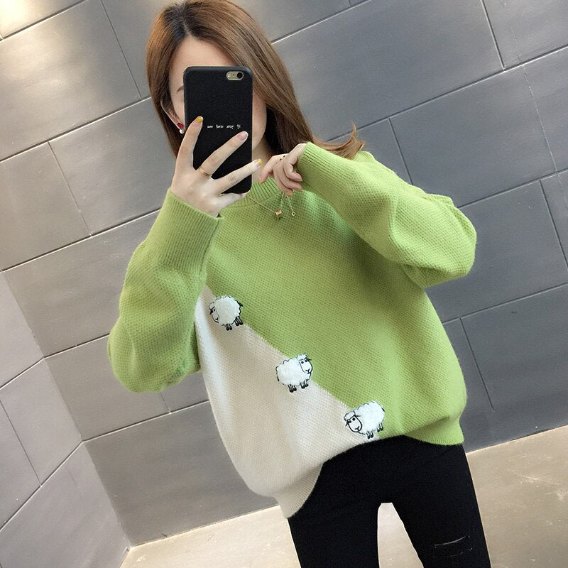 2021 Female Pullover Long Sleeve Autumn Winter Sweater Women's Korean Loose Outerwear Patchwork Cartoons knitted Tops Clothes