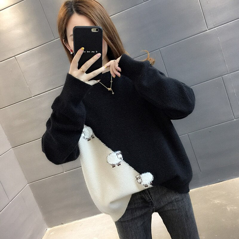 2021 Female Pullover Long Sleeve Autumn Winter Sweater Women's Korean Loose Outerwear Patchwork Cartoons knitted Tops Clothes