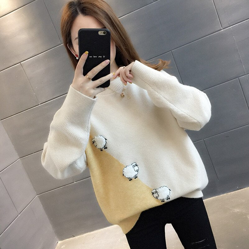 2021 Female Pullover Long Sleeve Autumn Winter Sweater Women's Korean Loose Outerwear Patchwork Cartoons knitted Tops Clothes