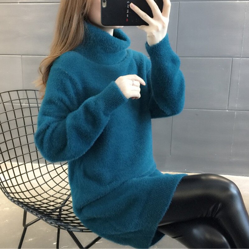 2021 New Autumn Winter Mink Velvet Sweater Women Pullover Loose Mid-Length Plus Size Clothes Fashion High-Neck Soft Tops