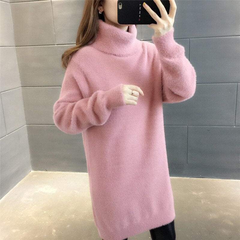 2021 New Autumn Winter Mink Velvet Sweater Women Pullover Loose Mid-Length Plus Size Clothes Fashion High-Neck Soft Tops