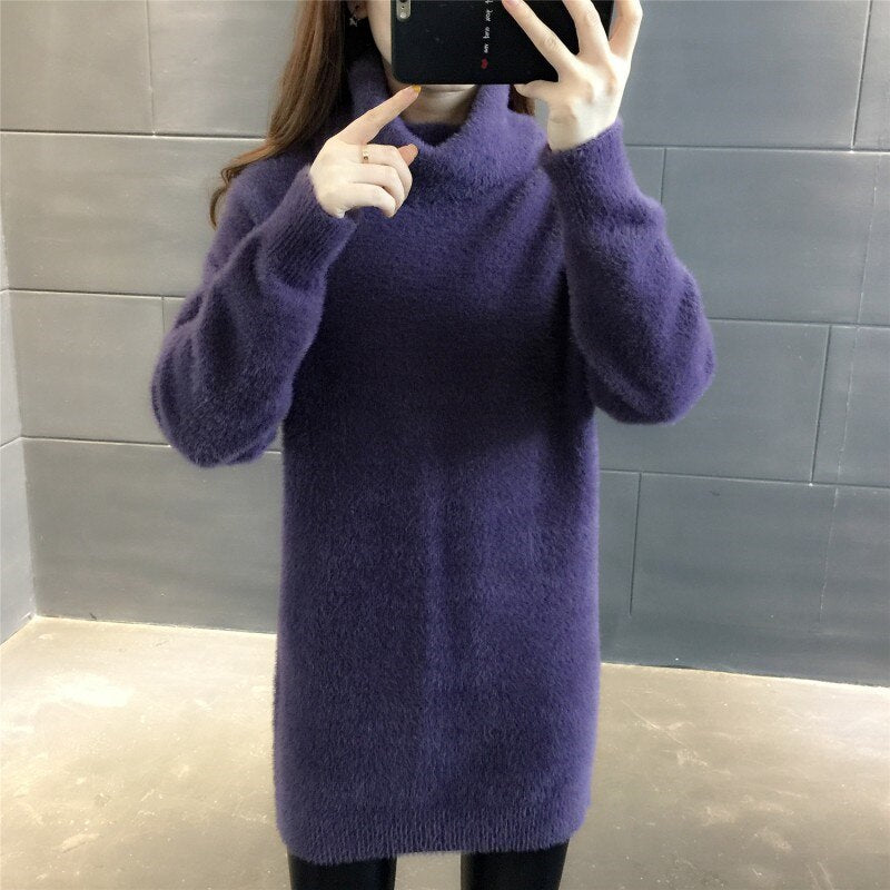 2021 New Autumn Winter Mink Velvet Sweater Women Pullover Loose Mid-Length Plus Size Clothes Fashion High-Neck Soft Tops