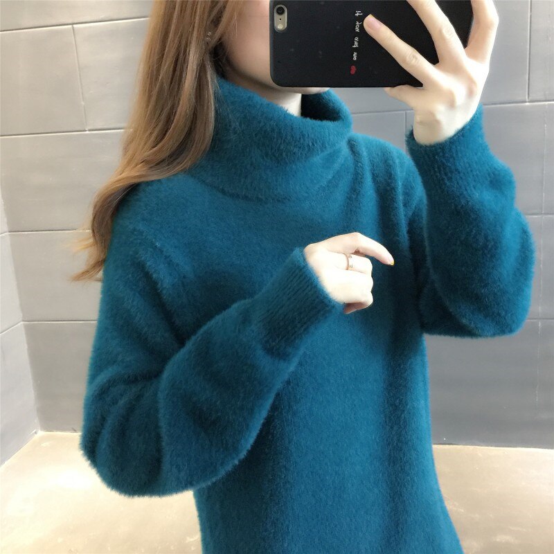 2021 New Autumn Winter Mink Velvet Sweater Women Pullover Loose Mid-Length Plus Size Clothes Fashion High-Neck Soft Tops