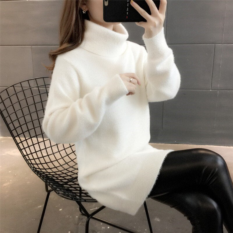 2021 New Autumn Winter Mink Velvet Sweater Women Pullover Loose Mid-Length Plus Size Clothes Fashion High-Neck Soft Tops