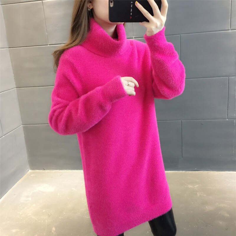 2021 New Autumn Winter Mink Velvet Sweater Women Pullover Loose Mid-Length Plus Size Clothes Fashion High-Neck Soft Tops