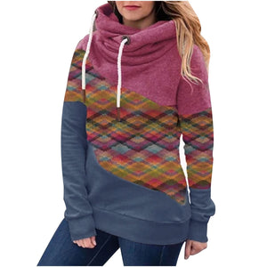 4# Women's Turtleneck Sweater Ladies Long-sleeved Top Stitching Printed Hooded Sweater Tops Winter Clothes Women Jersey Navidad