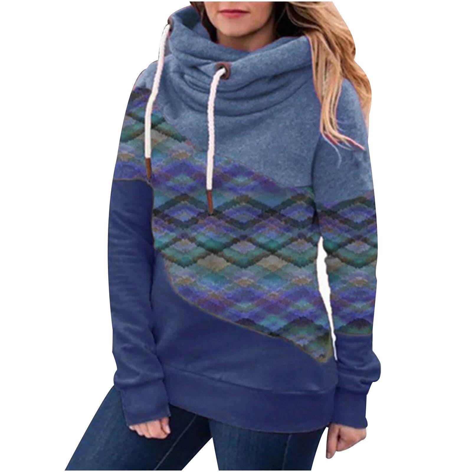 4# Women's Turtleneck Sweater Ladies Long-sleeved Top Stitching Printed Hooded Sweater Tops Winter Clothes Women Jersey Navidad