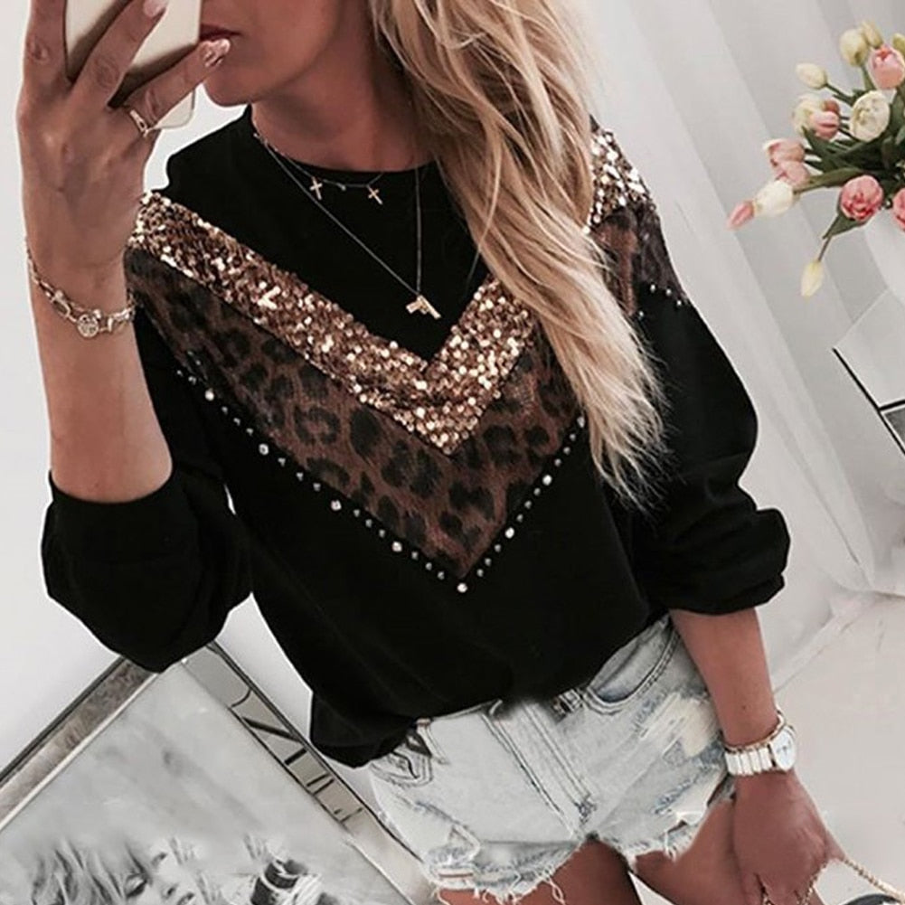 Autumn  Plus Size Sweater Women Long Sleeve Chic New Leopard Print Patchwork Spring Top Tees Femme Ladies Clothes