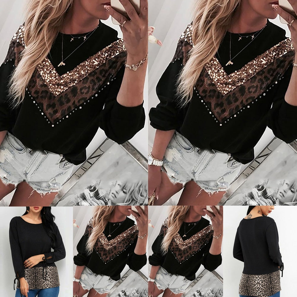 Autumn  Plus Size Sweater Women Long Sleeve Chic New Leopard Print Patchwork Spring Top Tees Femme Ladies Clothes