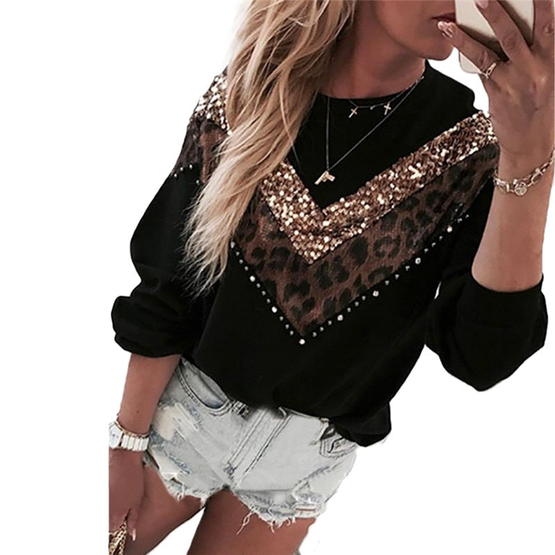 Autumn  Plus Size Sweater Women Long Sleeve Chic New Leopard Print Patchwork Spring Top Tees Femme Ladies Clothes