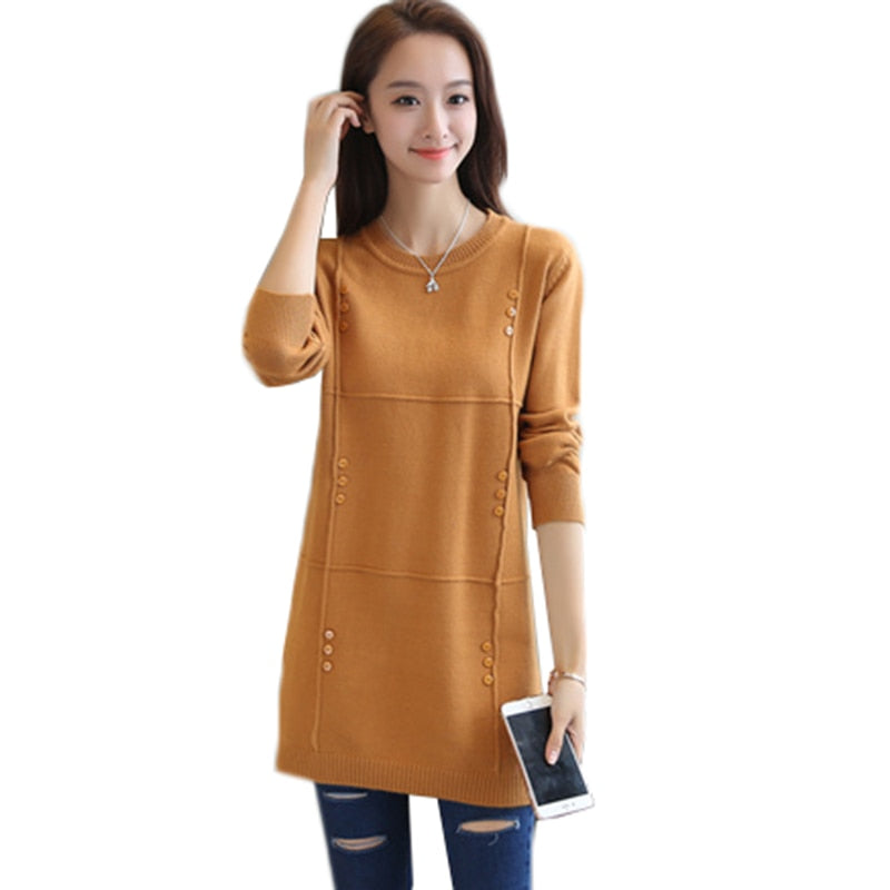 Autumn Winter Women Sweater New Solid Pullover Knitwear Sweater O-neck Long-sleeved Medium-length Sweater Female Clothes AA213