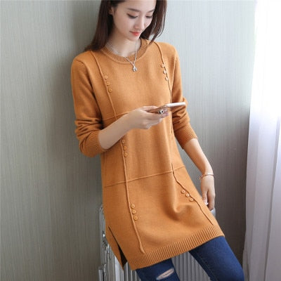 Autumn Winter Women Sweater New Solid Pullover Knitwear Sweater O-neck Long-sleeved Medium-length Sweater Female Clothes AA213