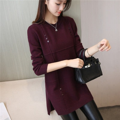 Autumn Winter Women Sweater New Solid Pullover Knitwear Sweater O-neck Long-sleeved Medium-length Sweater Female Clothes AA213