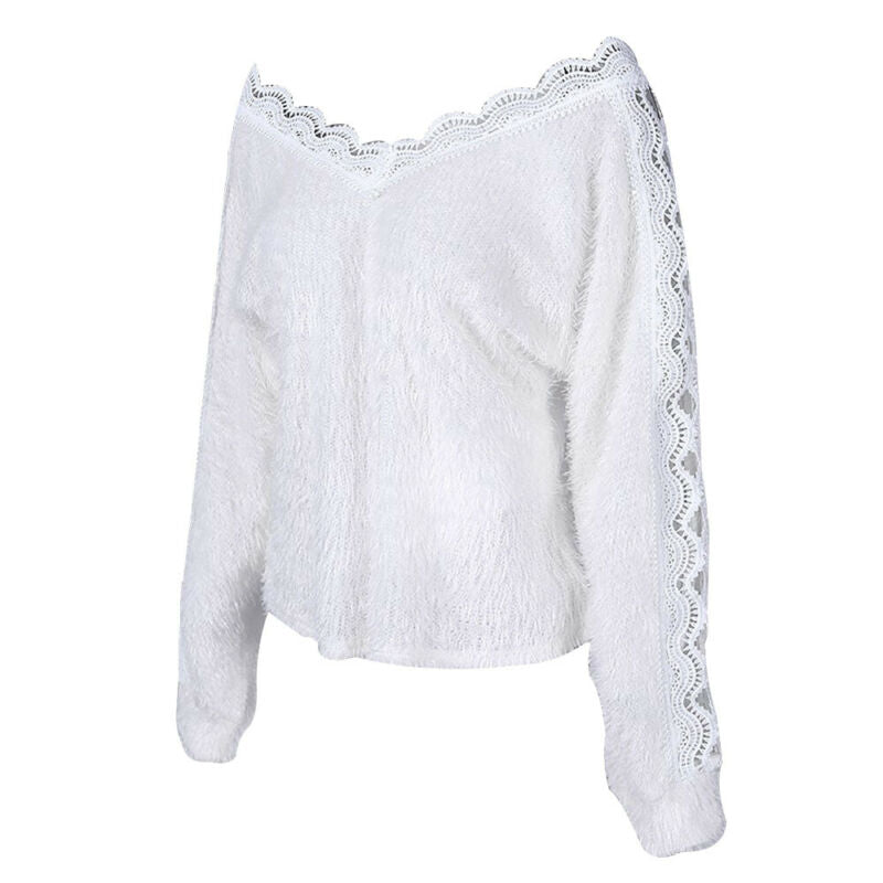 Fashion Women's Sweater Winter Lace V-neck Pullover Jumper Autumn Winter asual Loose Pure Color Sweater Clothing