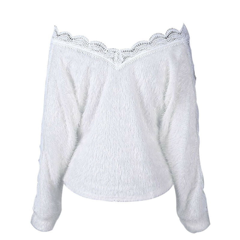 Fashion Women's Sweater Winter Lace V-neck Pullover Jumper Autumn Winter asual Loose Pure Color Sweater Clothing