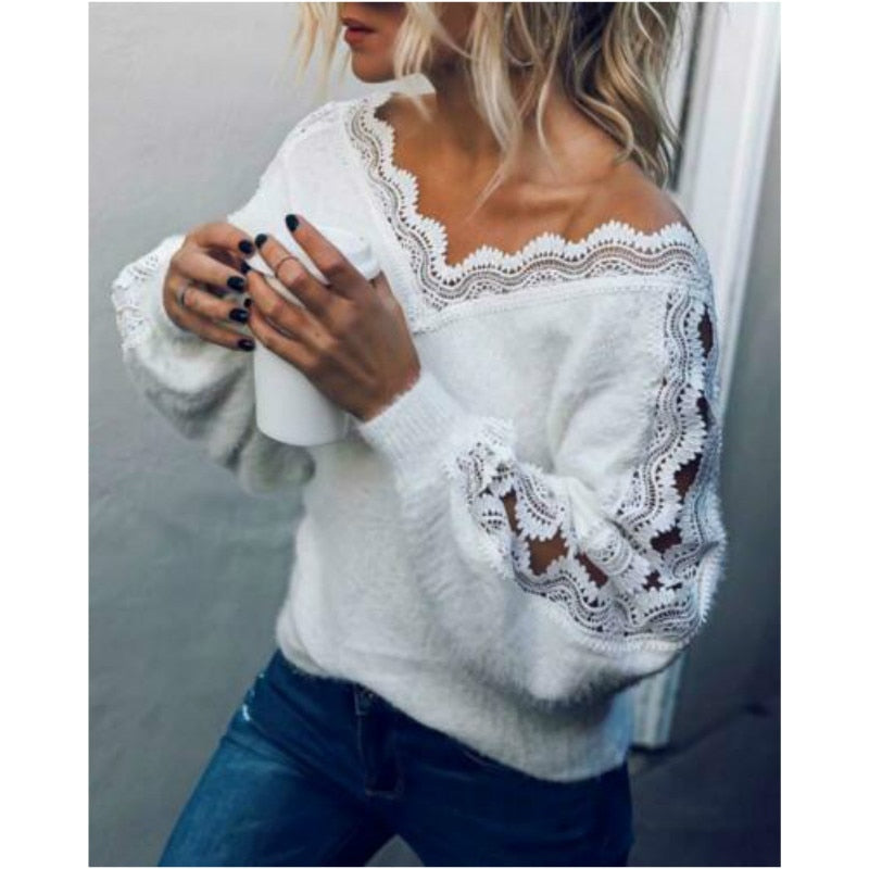 Fashion Women's Sweater Winter Lace V-neck Pullover Jumper Autumn Winter asual Loose Pure Color Sweater Clothing