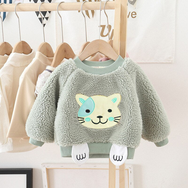 Girls fur sweater autumn winter kids cartoon thick velvet cute tops for baby children warm pullover clothes toddler outerwear