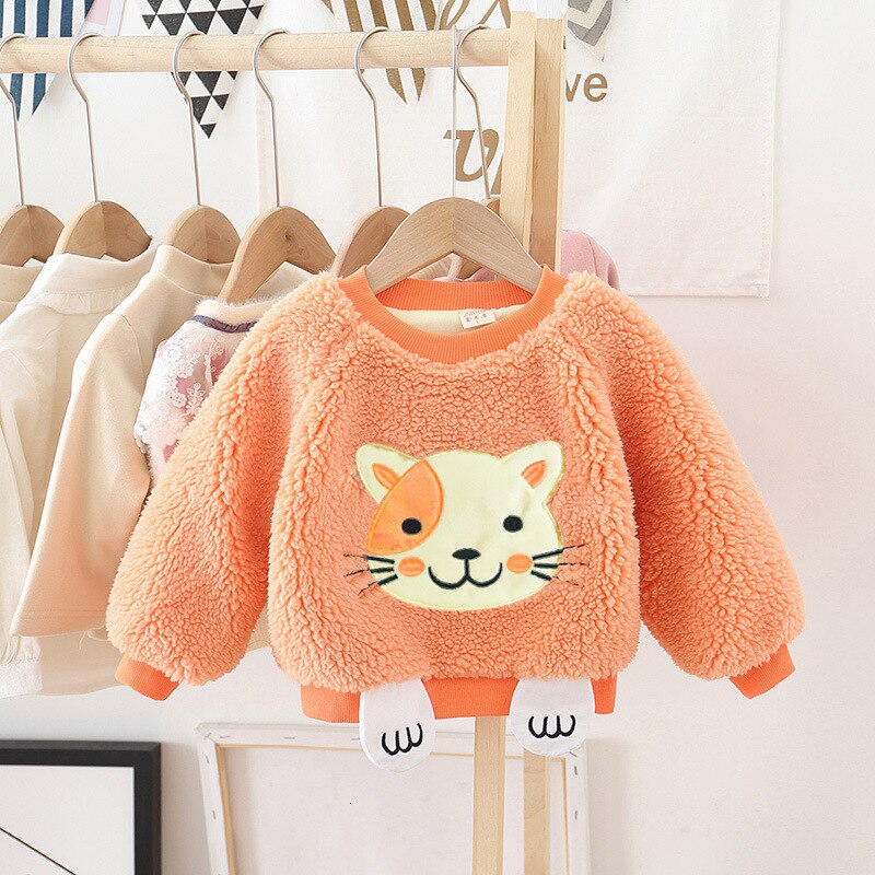 Girls fur sweater autumn winter kids cartoon thick velvet cute tops for baby children warm pullover clothes toddler outerwear