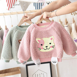 Girls fur sweater autumn winter kids cartoon thick velvet cute tops for baby children warm pullover clothes toddler outerwear