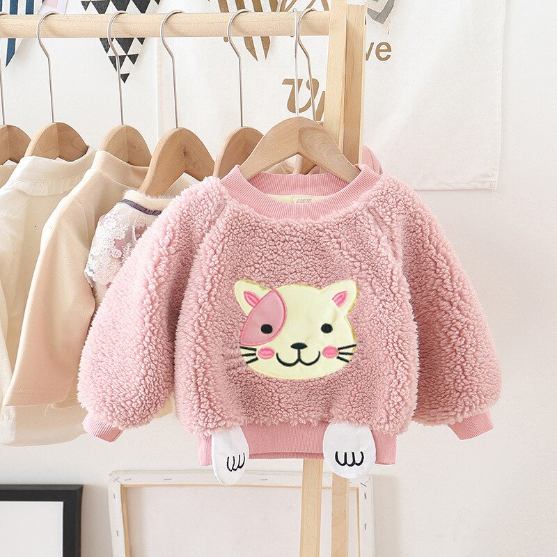 Girls fur sweater autumn winter kids cartoon thick velvet cute tops for baby children warm pullover clothes toddler outerwear