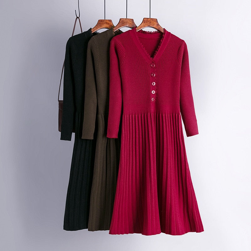 Long Knit Women Sweater Maxi Dress Winter Warm Chic Long Sleeve Pleated Dress Draswtring A Line V Neck Midi Dresses