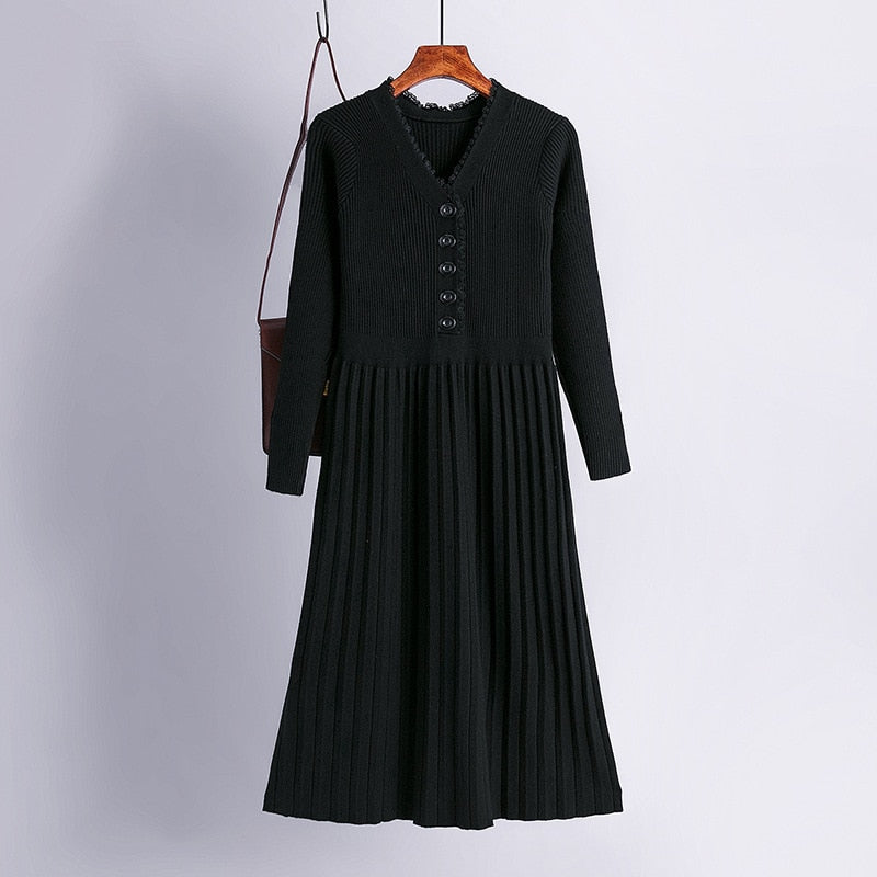 Long Knit Women Sweater Maxi Dress Winter Warm Chic Long Sleeve Pleated Dress Draswtring A Line V Neck Midi Dresses