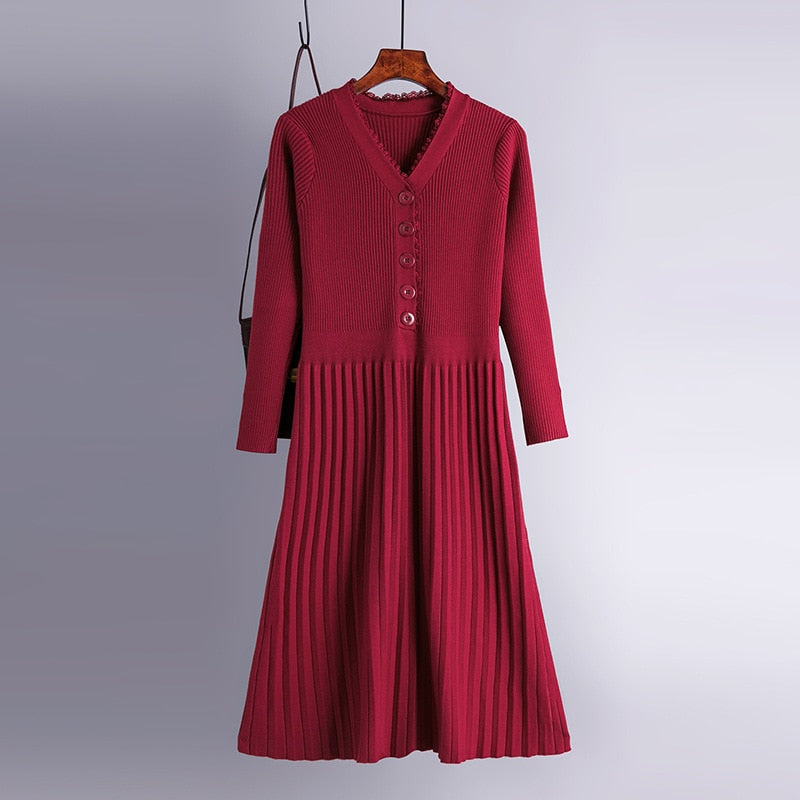 Long Knit Women Sweater Maxi Dress Winter Warm Chic Long Sleeve Pleated Dress Draswtring A Line V Neck Midi Dresses