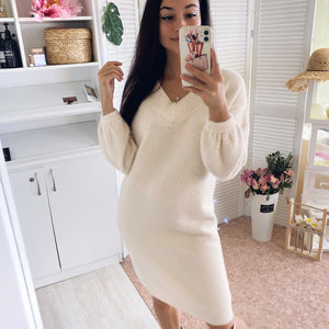 V Neck Long Sleeve Sweater Dress Women Autumn Winter Loose Tunic Knitted Casual Clothes Above Knee Mini Solid Dresses