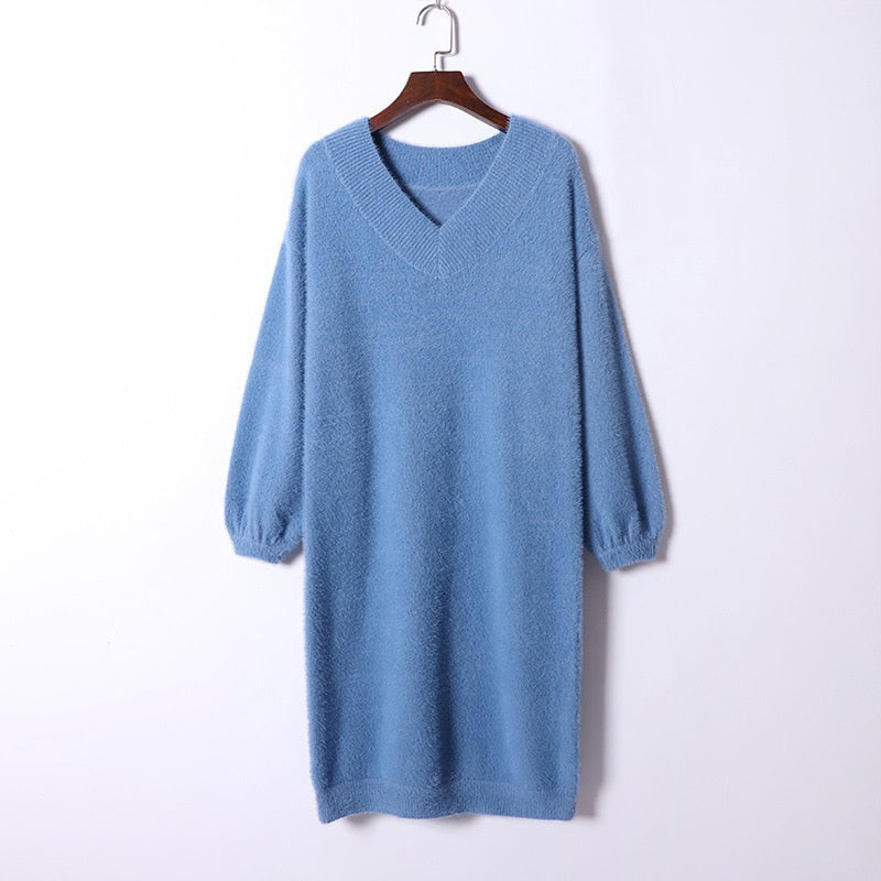 V Neck Long Sleeve Sweater Dress Women Autumn Winter Loose Tunic Knitted Casual Clothes Above Knee Mini Solid Dresses