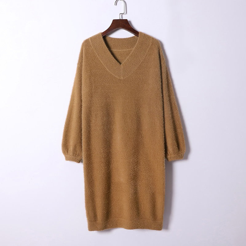 V Neck Long Sleeve Sweater Dress Women Autumn Winter Loose Tunic Knitted Casual Clothes Above Knee Mini Solid Dresses