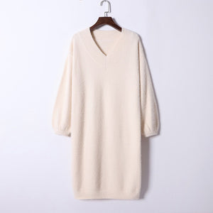 V Neck Long Sleeve Sweater Dress Women Autumn Winter Loose Tunic Knitted Casual Clothes Above Knee Mini Solid Dresses