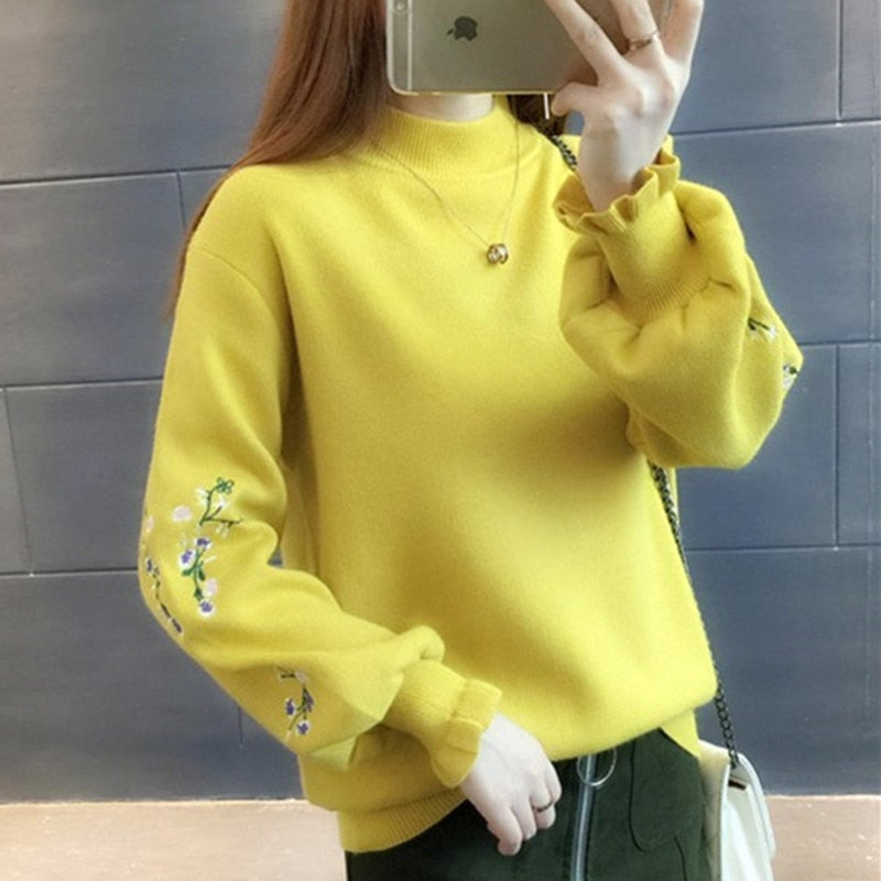 Half Turtleneck Sweater Women's Embroidered Pullover Knitting 2020 New Autumn Winter Loose Student Top Yellow Clothes Female