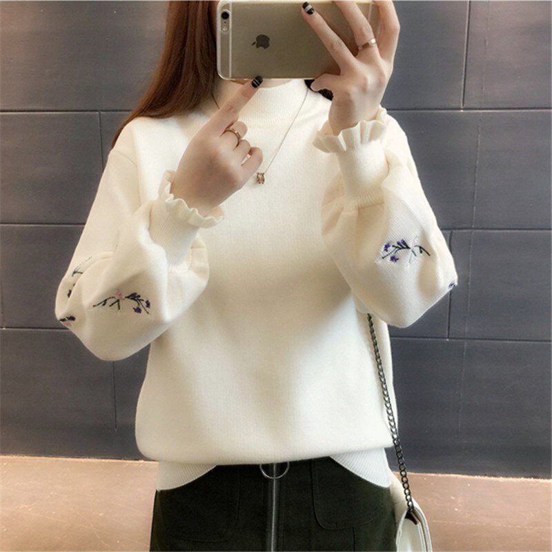 Half Turtleneck Sweater Women's Embroidered Pullover Knitting 2020 New Autumn Winter Loose Student Top Yellow Clothes Female