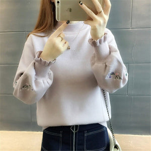 Half Turtleneck Sweater Women's Embroidered Pullover Knitting 2020 New Autumn Winter Loose Student Top Yellow Clothes Female