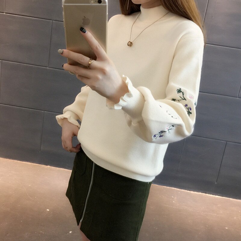 Half Turtleneck Sweater Women's Embroidered Pullover Knitting 2020 New Autumn Winter Loose Student Top Yellow Clothes Female