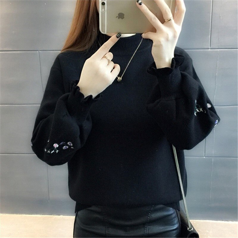 Half Turtleneck Sweater Women's Embroidered Pullover Knitting 2020 New Autumn Winter Loose Student Top Yellow Clothes Female