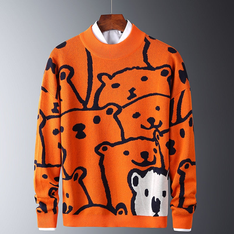 Mens Autumn Casual Sweaters Polar Bear Pattern Trendy Slim Sweaters Cotton Long Sleeve Round Collar Male Warm Pullovers Orange