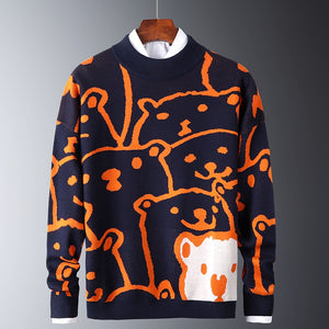 Mens Autumn Casual Sweaters Polar Bear Pattern Trendy Slim Sweaters Cotton Long Sleeve Round Collar Male Warm Pullovers Orange