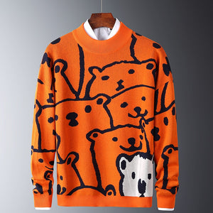 Mens Autumn Casual Sweaters Polar Bear Pattern Trendy Slim Sweaters Cotton Long Sleeve Round Collar Male Warm Pullovers Orange